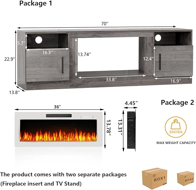 TAVATA 70" Fireplace TV Stand, Modern LED Light Entertainment Center with Storage and 36" Fireplace, Media TV Console for TVs Up to 80", Fire Place TV Stands for Living Room, Grey+White