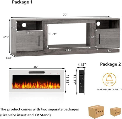 TAVATA 70" Fireplace TV Stand, Modern LED Light Entertainment Center with Storage and 36" Fireplace, Media TV Console for TVs Up to 80", Fire Place TV Stands for Living Room, Grey+White