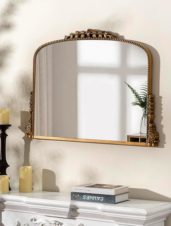 SHYFOY Antique Dark-Gold Mirrors for Wall Decor Vintage Decorative Wall Mirror for Living Room Baroque Scalloped Top, Ornate Arch Mirror Wall Decor Anthropologie Dupes Home Decor