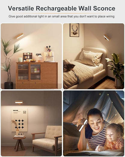 DetarZinLED Wall Lights Battery Operated Wooden,Magnetic Wall Sconces Rechargeable,Adhesive Wall Lights for Bedroom,Dimmable Wall Mounted Bedside Lamp,Cordless Battery Wall Sconce for Bedroom Reading