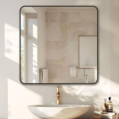 Antok 36x36 Black Metal Framed Bathroom Mirror, Wall Mirror with Round Corners, Vanity Mirror for Over Sink, Anti-Rust Tempered Glass, Horizontal/Vertical Hanging for Bathroom, Living Room, Entryway