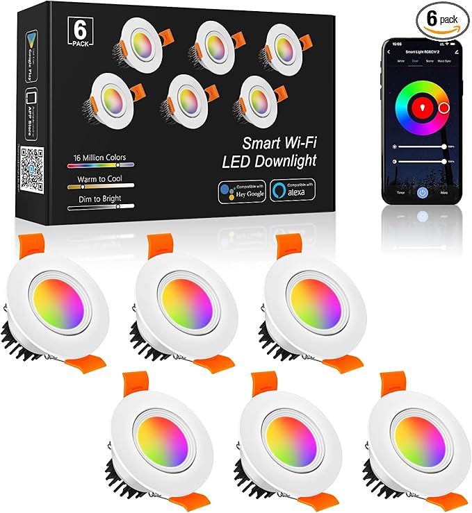 2 Inch Smart LED Recessed Lighting, 5W WiFi RGB Mini Downlight, CCT 2700-6500K Dimmable Color Changing Accent Recessed Ceiling Light, 110V Compatible with Alexa and Google Home with LED Driver, 6 Pack