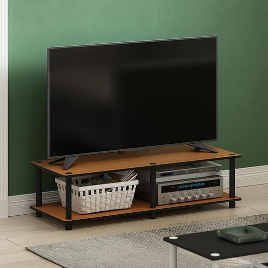 Furinno JUST TV Stand, 2-Tier Wide Entertainment Center with Open Shelf, No Tools TV Console for TV up to 46 Inch with Tubes, for Living Room, Bedroom, Light Cherry