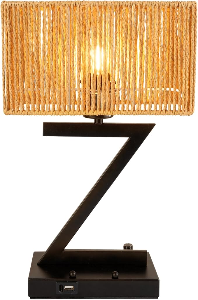 Touch Control Table Lamp, Black Z-Style : 3-Way Dimmable Desk Lamp with USB C & USB A Ports, Bedside Lamp with Phone Stand for Office, Bedroom, Living Room, Includes LED Bulb