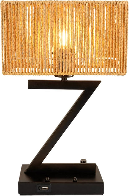 Touch Control Table Lamp, Black Z-Style : 3-Way Dimmable Desk Lamp with USB C & USB A Ports, Bedside Lamp with Phone Stand for Office, Bedroom, Living Room, Includes LED Bulb