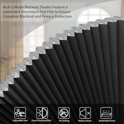 Arch Window Shade Blackout Cellular Shades Half Circle Moon Window Covering No Drill Honeycomb Cordless Blinds for Indoor Window Room Darkening Easy Install Light Blocking Blinds (1, Black, 72x36inch)