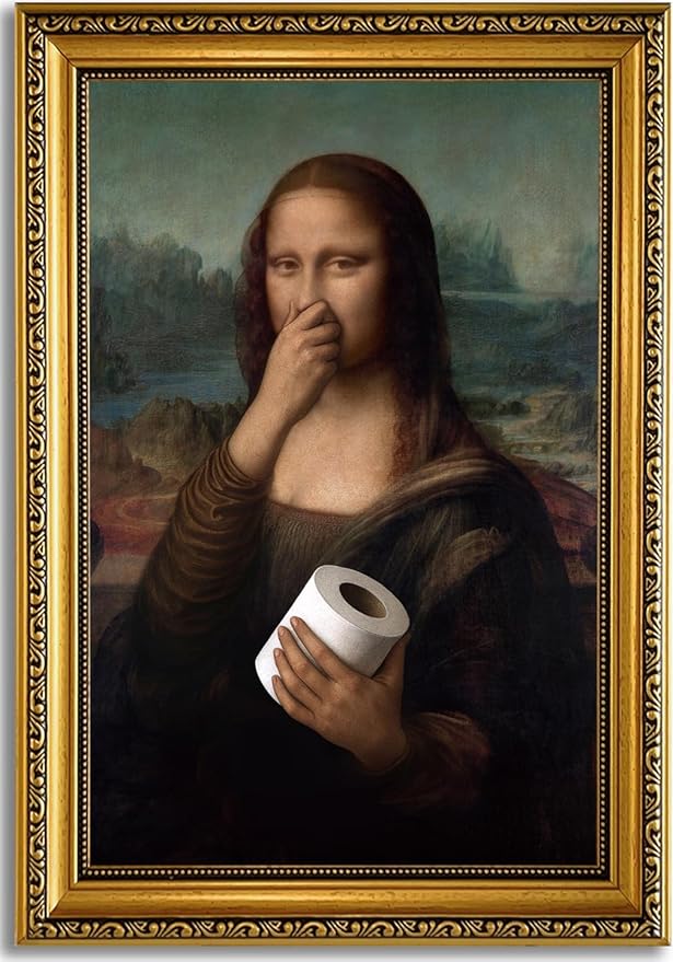 YD&YZY Gold Framed Bathroom Wall Art Mona Lisa Humor Amusing Toilet Art Pinching Nose Wall Decor Funny Vintage Painting Picture Print Whimsical Artwork Bathroom Restroom 16x24 inch Framed