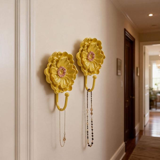Guichifun Flower Shaped Decorative Wall Hooks - 2pcs Resin Yellow Vintage Decor Hanger for Keys, Bags, Towels Bathroom Living Room Kitchen Home Decoration Gift 4.3 x 2.2 x 6 Inch