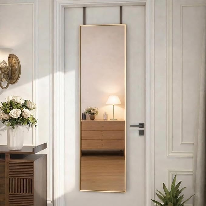 Simple Deluxe 47x14 Full Length Mirror Over The Door, Wall Mounted Full Body Mirror, Luxurious Gold Aluminum Frame, Shatterproof Glass, for Bedroom, Living Room, Entryway, Gold Rectangle