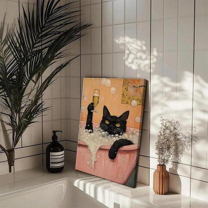 Funny Japanese Black Cat Bathroom Wall Art, Cute Japan Cat in Bathtub Wall Decor Paintings Funky Animal on Toilet Reading Newspaper Poster Canvas Prints Artwork 12x16 inch Framed