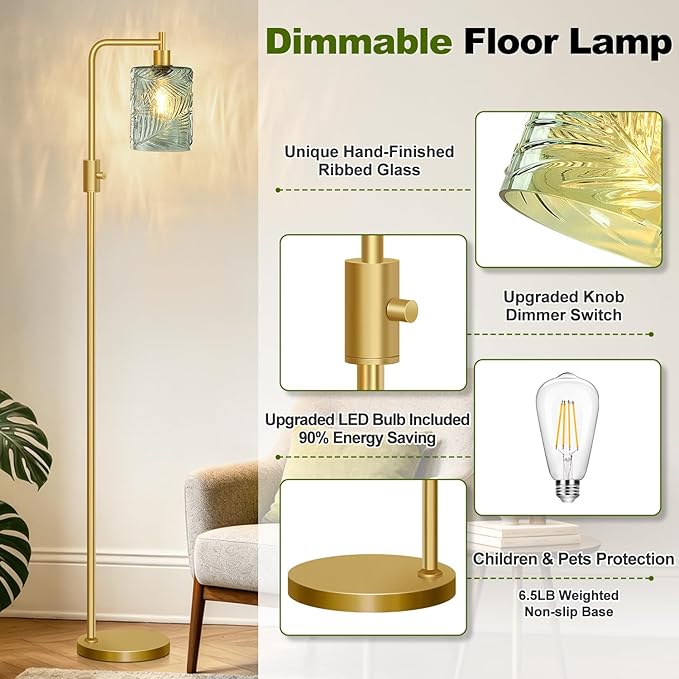 【Upgraded】 Dimmable Glass Floor Lamp for Living Room, Modern Gold Standing Lamp with Green Feather Glass Lampshade & Knob Dimmer, Arc Tall Lamp for Bedroom Office Reading Room, 2700K Led Bulb Included