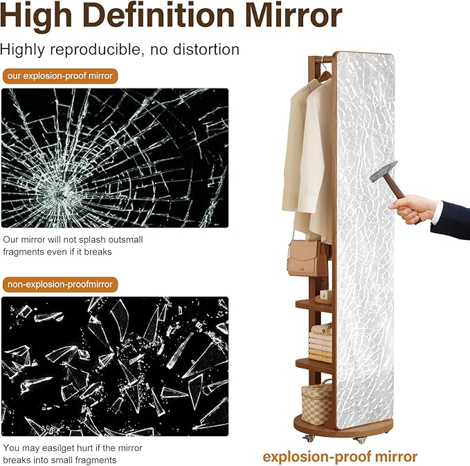 WoodsWhisper Full Length Mirror Coat Rack Solid Wood Floor Mirror 66"x12" Full Length Mirror with Stand Long Mirrors for Bedroom,Living Room (Walnut-Mobile, 66" Lx12 W)