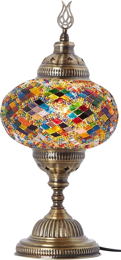 DEMMEX – 7" Large Globe Turkish Moroccan Mosaic Table Lamp, Handcrafted Tiffany-Style Colorful Glass Bedside, Desk & Table Light, Artisan Decor for Living Room or Bedroom, 14" H (Multicolor)
