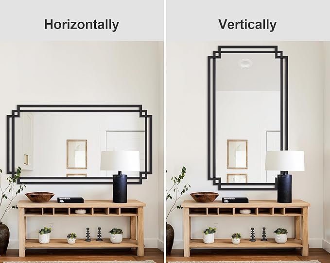 32" x 47" Large Wall Mirror for Living Room Decor, Black Decorative Mirror with Irregular and Rectangular Metal Frame, Horizontal/Vertical Hanging Mirror for Bathroom, Entrance