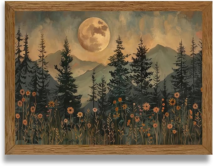 JLTULT Framed Vintage Moon Forest Canvas Wall Art, Moonlight Pine Tree Flower Wall Decor, Woodland Wildflower Picture Prints Artwork for Bedroom Living Room Office Decoration 12x16 inch Easy to Hang