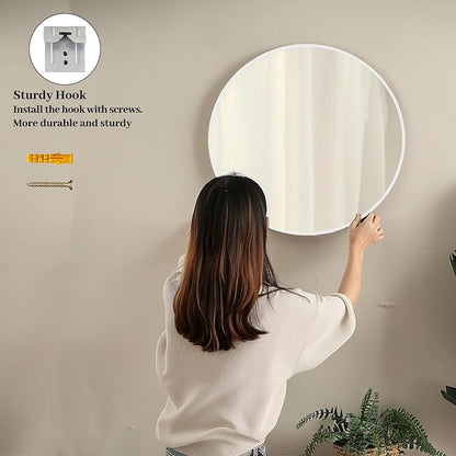 Sunniry White Round Mirror, White Circle Mirror 24 inch, Matte Metal Frame Round Mirrors, Circle Mirrors for Bathroom, Living Room, Bedroom, Hallway.