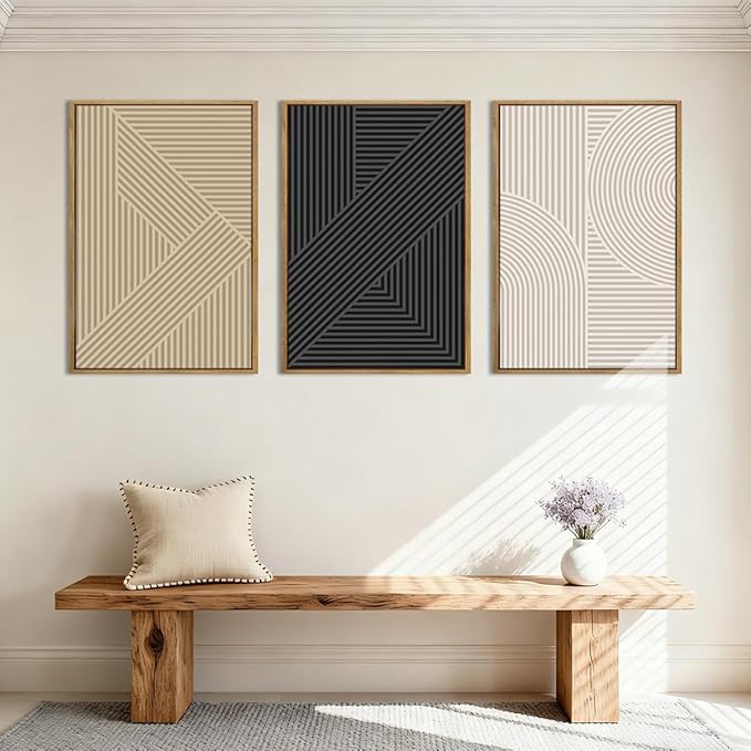 BINCUE Neutral Abstract Wall Art Mid Century Modern Wall Paintings Boho Artwork Geometric Wall Pictures Abstract Black Wall Decor Modern Neutral Art Prints for Living Room Bedroom Bathroom Office 16x24 Inch Set of 3