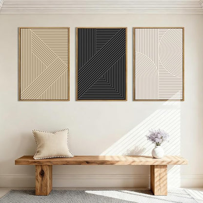 BINCUE Neutral Abstract Wall Art Mid Century Modern Wall Paintings Boho Artwork Geometric Wall Pictures Abstract Black Wall Decor Modern Neutral Art Prints for Living Room Bedroom Bathroom Office 16x24 Inch Set of 3