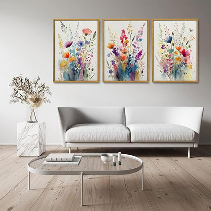 KISSFOX Framed Colorful Wildflower Canvas Wall Art Set Of 3 Flowers Pictures Prints Flowers Printing Floral Watercolors Flower wall Decor Living Room Girls Bedroom Bathroom
