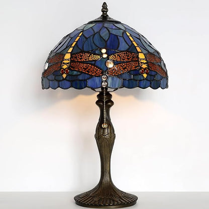 Tiffany Lamp Stained Glass Table Lamp 12 x 19” Bedside Reading Lamp Blue Dragonfly Style Decorative Lamp for Desk Living Room Bedroom Office Study Light Decor Gift