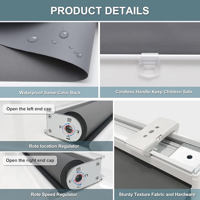 AOSKY Cordless Roller Shades Blackout Blinds for Windows Room Darkening Rolled Up Shades with Spring System, UV Protection Window Shades Door Blinds for Home and Office (36.5" W x 72" H, Grey)