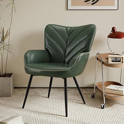 MALOL Modern Mid-Century Faux Leather Accent Chair, Upholstered Armchair with Curved Backrest, Sturdy Metal Base, Living Room, Bedroom & Reading Nook,Green