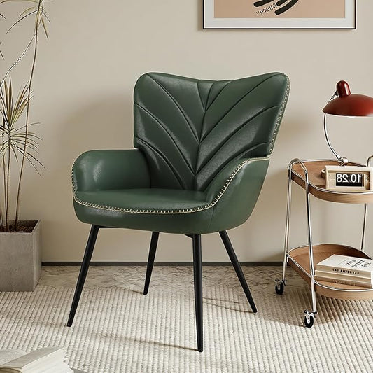 MALOL Modern Mid-Century Faux Leather Accent Chair, Upholstered Armchair with Curved Backrest, Sturdy Metal Base, Living Room, Bedroom & Reading Nook,Green
