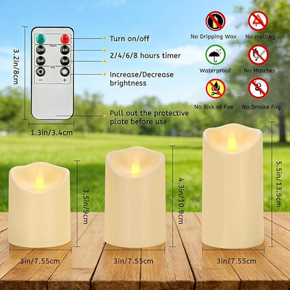 Outdoor Indoor Flameless Candles, Patented 3D Dual-LED, Set of 3 Slanted Top Durable Plastic Pillars with Remote, Table Centerpiece for Living Room Shelf, Non-Melting Battery Candles (Ivory)