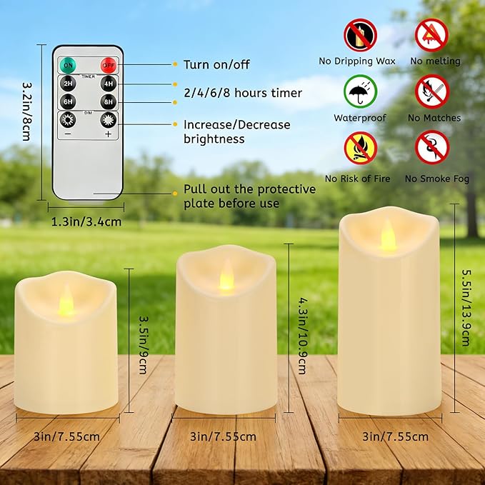 Outdoor Flameless Candles, Patented 3D Dual-LED, Set of 9 Slanted Resin Pillars with 2 Remotes, Bulk Party Decor for Fireplace Holiday, Non-Melting Waterproof Battery Operated, (Ivory)