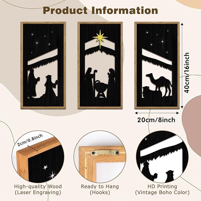 KARNE Christian Wooden Wall Art, Set of 3,Framed Nativity Scene Wall Decor,Abstract Baby Room Nursery Artwork Prints,Large Religious Family Decor for Living Room Bedroom Kitchen Decoration,8X16 inch