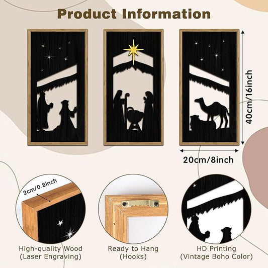 KARNE Christian Wooden Wall Art, Set of 3,Framed Nativity Scene Wall Decor,Abstract Baby Room Nursery Artwork Prints,Large Religious Family Decor for Living Room Bedroom Kitchen Decoration,8X16 inch