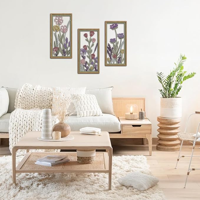 KAIRNE Neutral Floral Wooden Wall Art Set of 3,Framed Vintage Botanical Flower Decor,Minimalist Wildflower Wood Hanging Decor,Modern Farmhouse Decoration for Living Room Bedroom Office Kitchen,8X16 inch
