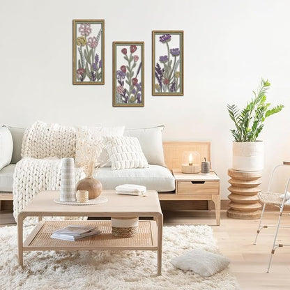 KAIRNE Neutral Floral Wooden Wall Art Set of 3,Framed Vintage Botanical Flower Decor,Minimalist Wildflower Wood Hanging Decor,Modern Farmhouse Decoration for Living Room Bedroom Office Kitchen,8X16 inch
