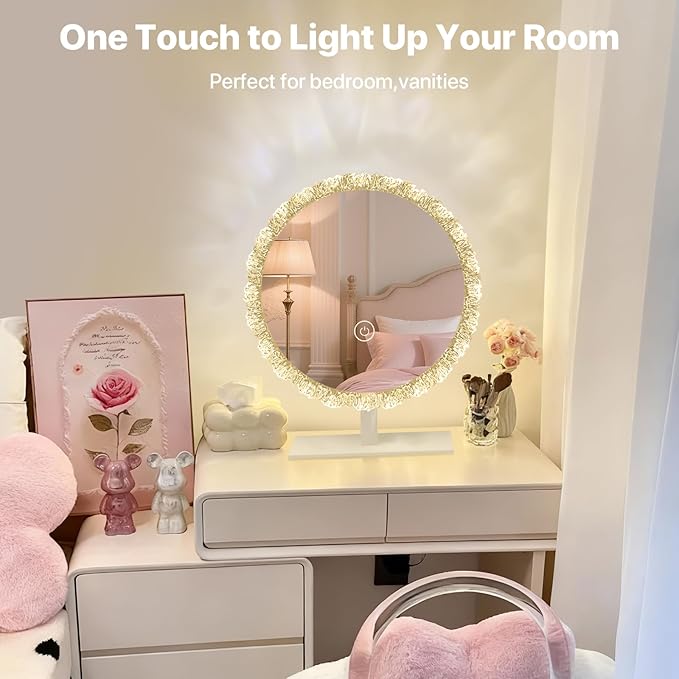 Crystal Round Vanity Mirror with Lights, 16 Inch Dimmable LED Makeup Mirror for Women, 3 Color Temperatures, Touch Switch, Silver Frame, Ideal for Girlfriend & Makeup Lovers