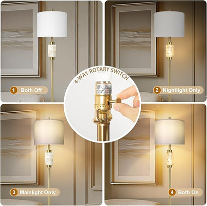 KIVDITZO Floor Lamps for Living Room with Night Light, Alabaster Standing Lamp with Linen Shade, Rotary Switch, Marble Tall Lamp, Gold Floor Lamps for Bedroom Living Room Office (Bulb Included)