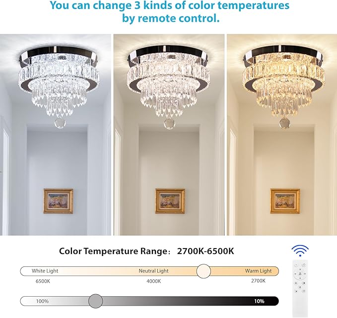 11.8" Dimmable Crystal Chandelier Crystal Ceiling Light Modern Chandeliers Flush Mount Ceiling Light Lamp Fixture for Dining Room Living Room Bedroom Hallway Remote Control
