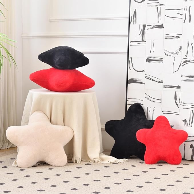 Star Pillow, Decorative Throw Pillows for Bed Couch, 15" Star Shaped Pillow Plush Floor Cushions Room Decor Pillow with Faux Rabbit Fur for Sofa Bedroom Living Room (Red, 15" x 15")