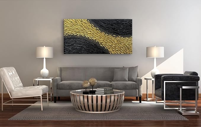 Slyart Black and Gold Wall Art, Large Gold Texture Abstract Art, Contemporary Art Oil Painting, 24"x48" Modern Home Decor for Living Room Bedroom