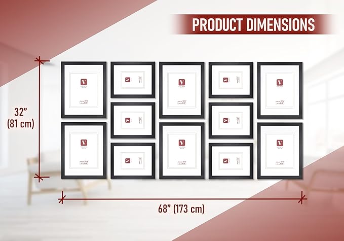 VELISTA 12 Piece Large Rectangle Gallery Wall Frame Set - Photo Frame Set with Mat 8x10 and 11x14 in - Picture Frame Set for Wall Collage made of Engineered Wood –Assorted Black Frames for Gallery Wall