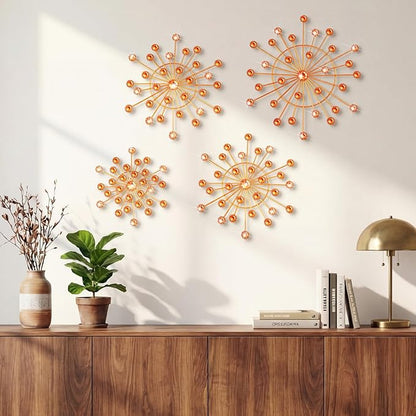 Blulu 4 Pcs Metal Wall Decor Bling Crystal Wall Art Cast Iron Rhinestones Sunburst Decor Starburst Art Hanging Diamond Accents Decorative for Living Room Bedroom Entryway (Orange)