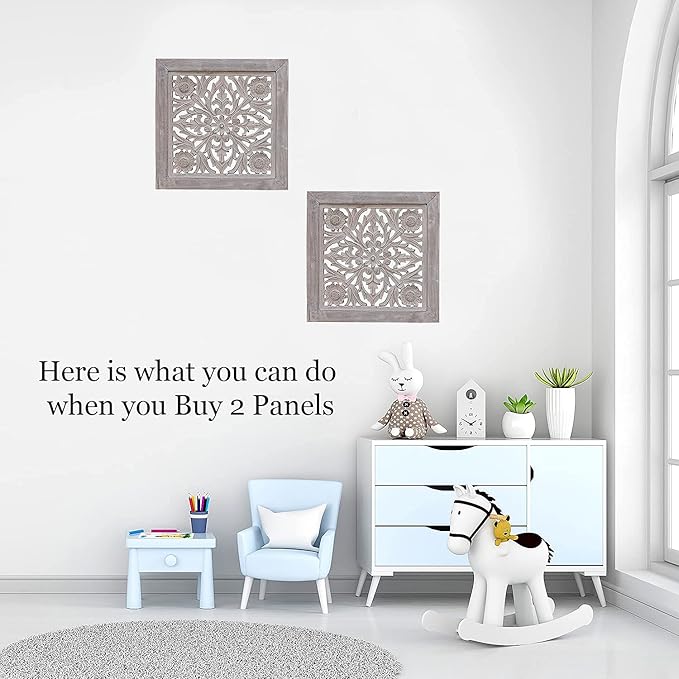 DharmaObjects Handcrafted Lotus Wood Wall Panel Decor Hanging Art 16" X 16" (White Washed)