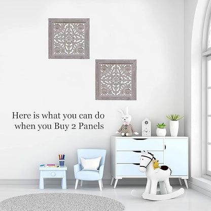 DharmaObjects Handcrafted Lotus Wood Wall Panel Decor Hanging Art 16" X 16" (White Washed)