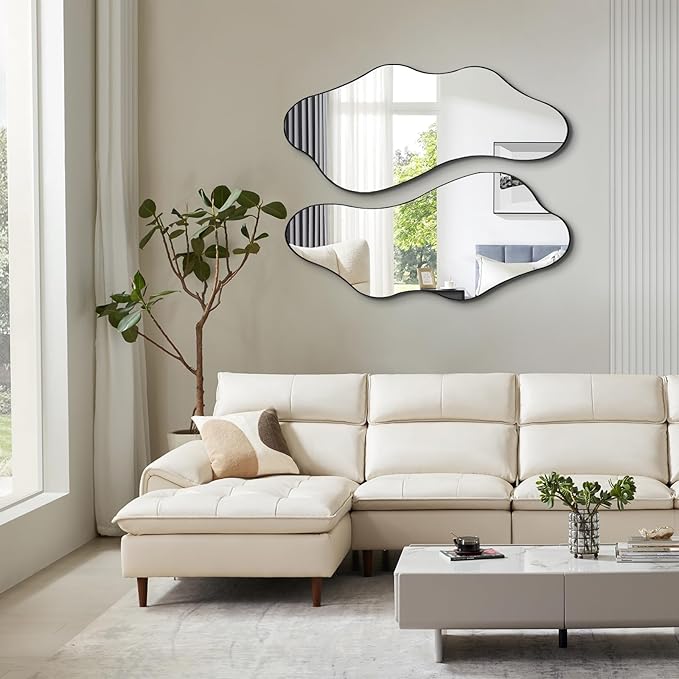 Irregular Wall Mirror, 40"x18" Asymmetrical Mirrors with Metal Frame, Modern Organic Shape Mirrors for Living Room Bedroom Hallway Entryway, Horizontal or Vertical Hanging