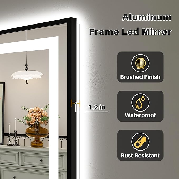 77x36 Inch LED Bathroom Mirror with Black Frame, Backlit & Front Lit, Anti-Fog Lighted Bathroom Vanity Mirror for Wall, Memory Function, Dimmable, HD Tempered Glass, Shatter-Proof