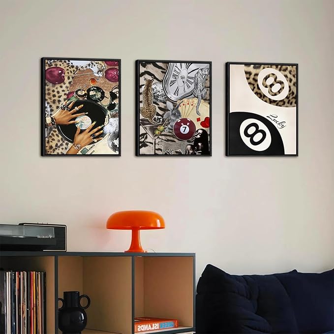 Fashion Cheetah Wall Art Set of 3 Leopard Wall Decor Pictures Lucky 8 Ball Poster Canvas Painting Prints Dark Red Cheetah Artwork for Bedroom Living Room 12x16 inch Black PS Framed