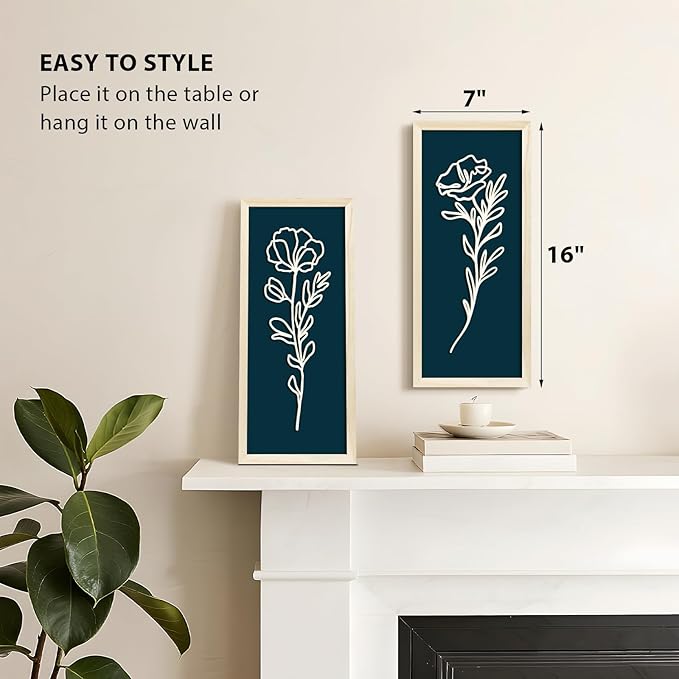 VIYYIEA Wooden 3d Floral Bathroom Wall Decor, Ready-to-Hang Framed Wall Art For Living Room, Bedroom and Office, Boho Botanical Farmhouse Decoration, Lightweight but Valuable Gift (7x16 In, set of 2)
