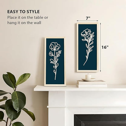 VIYYIEA Wooden 3d Floral Bathroom Wall Decor, Ready-to-Hang Framed Wall Art For Living Room, Bedroom and Office, Boho Botanical Farmhouse Decoration, Lightweight but Valuable Gift (7x16 In, set of 2)