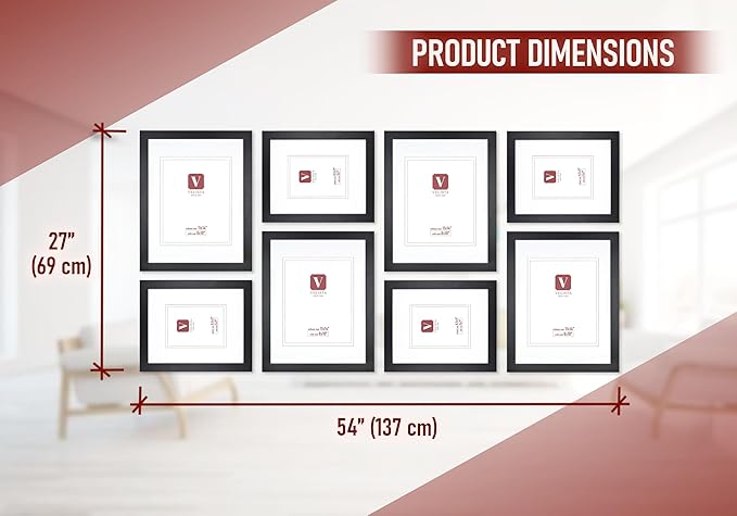 8 Piece Large Rectangle Gallery Wall Frame Set - Photo Frame Set with Mat for 8x10 and 11x14 -Picture Frame Set for Wall Collage Made of Engineered Wood –Assorted Black Frames for Gallery Wall (Black)