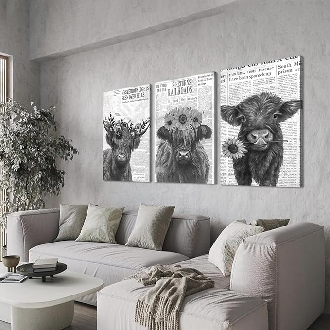 Black and White Highland Cow Canvas Wall Art 3 Panel Rustic Floral Highland Cow Poster Wall Decor Vintage Funny Farm Animal Artwork for Country Apartment Living Room Hotel Decoration 24x36inchx3pcs