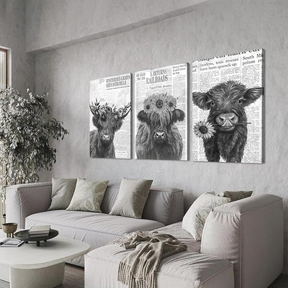 Black and White Highland Cow Canvas Wall Art 3 Panel Rustic Floral Highland Cow Poster Wall Decor Vintage Funny Farm Animal Artwork for Country Apartment Living Room Hotel Decoration 24x36inchx3pcs